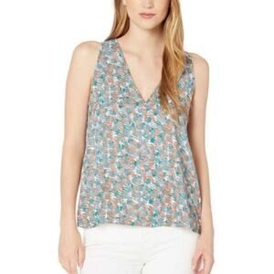 BCBGMaxAzria V-Neck A-Line Sleeveless Blouse Turquoise and Orange | Large